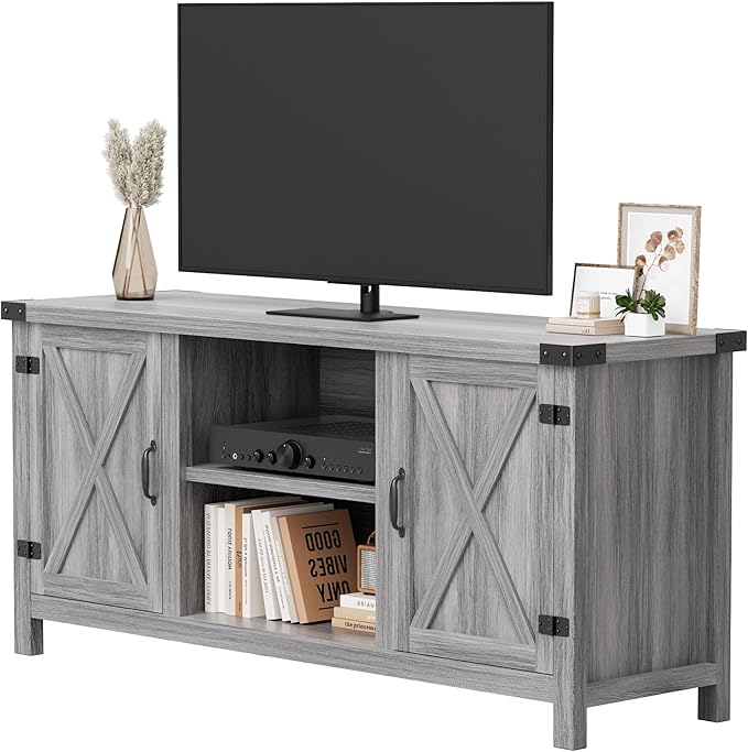 YESHOMY Modern Farmhouse TV Stand with Two Barn Doors and Storage Cabinets for Televisions up to 65+ InchEntertainment Center Console TableMedia Furniture for Living RoomRustic Gray