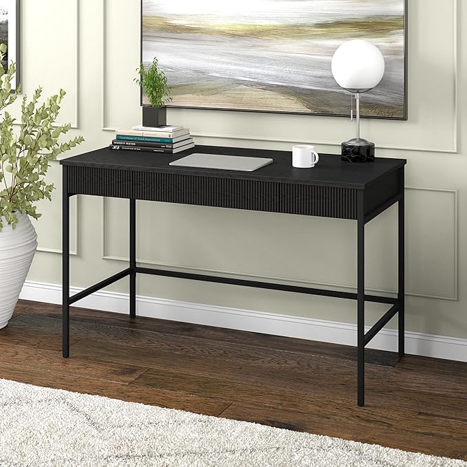 Henn&ampHart 48 Fluted Mid-Century Modern Rectangular Wooden Home Office Desk Computer Desk Writing Table with 3 Ribbed Storage Drawers for Bedroom Living Room or Home Office Ebony