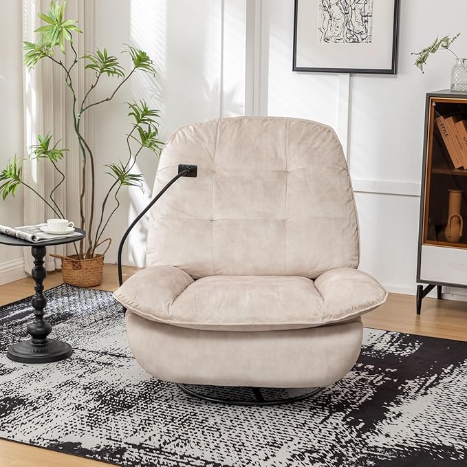 Swivel Rocker Recliner Chair for Adult Oversized Armless Recliner with Phone Holder Comfy Swivel Glider Recliner Velvet Reading Chair for Living Room (Ivory)