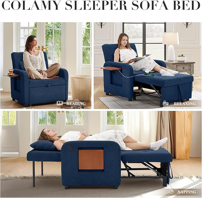 Convertible Sleeper Chair-Fabric Futon Sofa Bed Single Sleeper Sofa Small Couch Bed with USB Port Foldable Table Pillow Adjustable Backrest for Dorm/Bedroom/College DarkBlue