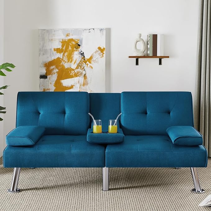 Yaheetech Convertible Sofa Bed Adjustable Fabric Couch Sleeper Modern Recliner Reversible Loveseat Folding Daybed Guest Bed Removable Armrests Cup Holders 3 Angles 772lb Capacity Aqua Blue