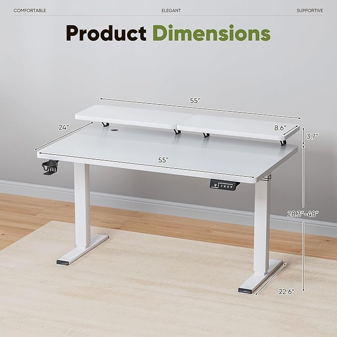 Shahoo Electric Standing Desk with Monitor Shelf 55 x 24 Inches Height Adjustable Corner Table Computer Workstation with Cup Holder and Hook for Home Office White 55x24 Inch