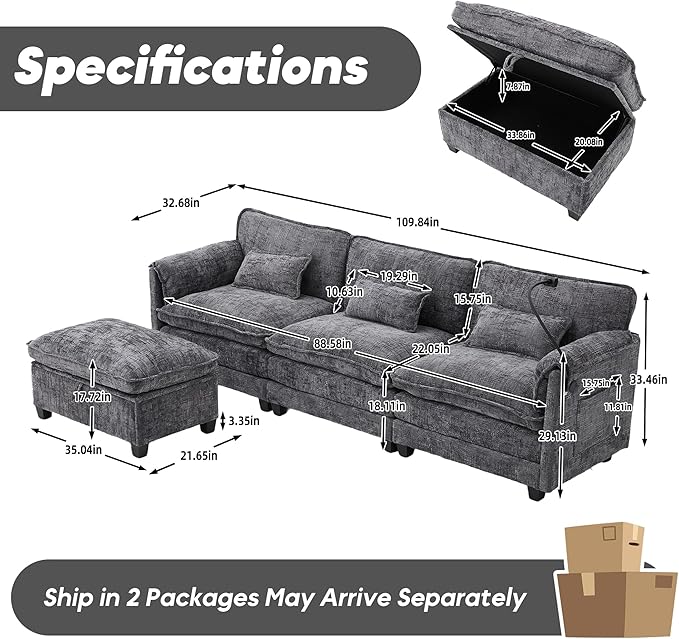 L Shaped Sectional Sofa Cloud Couch for Living Room 109 Chenille Comfy Modular Sleeper Sofa with Storage Ottoman Modern Upholstery Sofas with USB Port &amp Phone Holder Grey