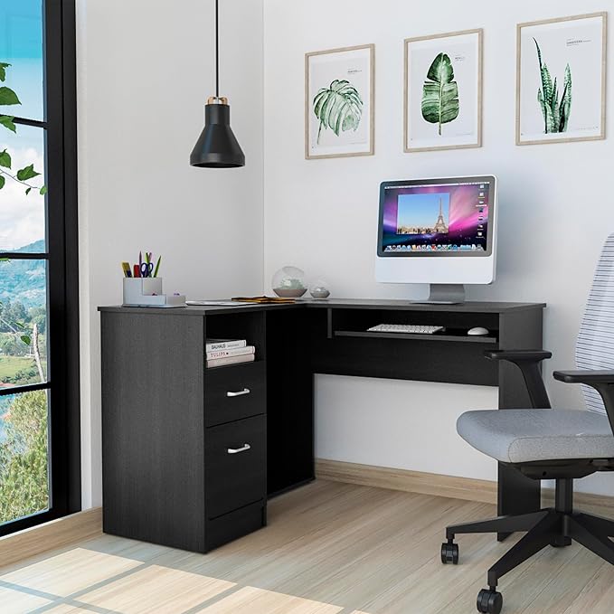 Black L-Shaped Desk with Keyboard Shelf - Modern Home Office Computer Desk