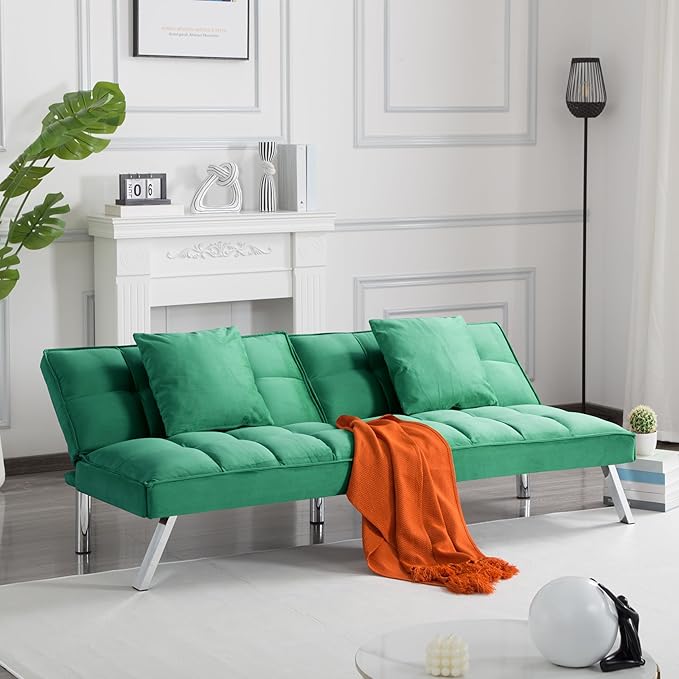 68 Modern Futon Sofa BedConvertible Sleeper Bed Couch with 4 Reclining Backrest with 2 PillowsComfy Velvet Cloud Sofa Loveseat for Living Room Bedroom Office (Green)