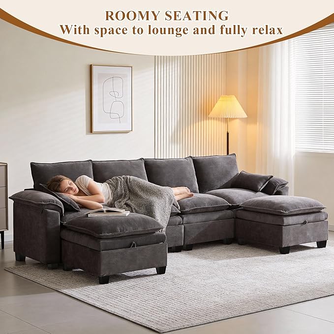 108 Sectional Couches for Living Room U Shaped Cloud Couch Sectional with Ottoman Storage Modular Sectional Sofa with Pillow Deep Seater Sofa for Living Room (Gray Loveseat with Ottoman)