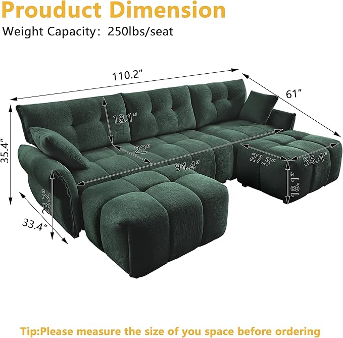 mikibama Oversized Modular Sectional Sofa with Movable Ottomans110 Chenille U-Shaped Couch with 2 FootrestModern 3 Seater Couches for Living RoomLarge Sofas with Deep Seat for Apartment