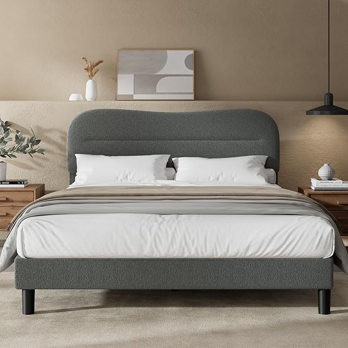 Queen Size Bed Frame with Headboard Upholstered Bed Frame Queen Size Teddy Soft Boucle Fabric Soft Cloud Marshmallow Shape Upholstered Headboard No Box Spring Needed Noise Free (Grey)