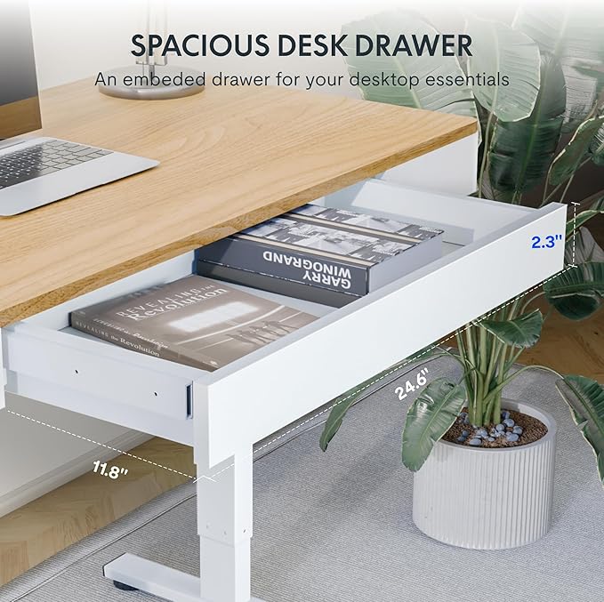 FLEXISPOT Q5 Standing Desk with Drawer 48 x 24 Inch Electric Adjustable Height Stand Up Desk with Storage Organizer Whole Piece Wooden Desktop for Home Office Computer Workstation Maple
