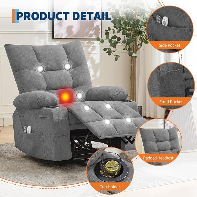 GarveeHome Power Lift Recliner Chair for Elderly with Massage and Heat Oversized Electric Massage &amp Heat Recliner with Soft Padded Upholstery Side Pocket &amp Cup Holders for Living Room Gray