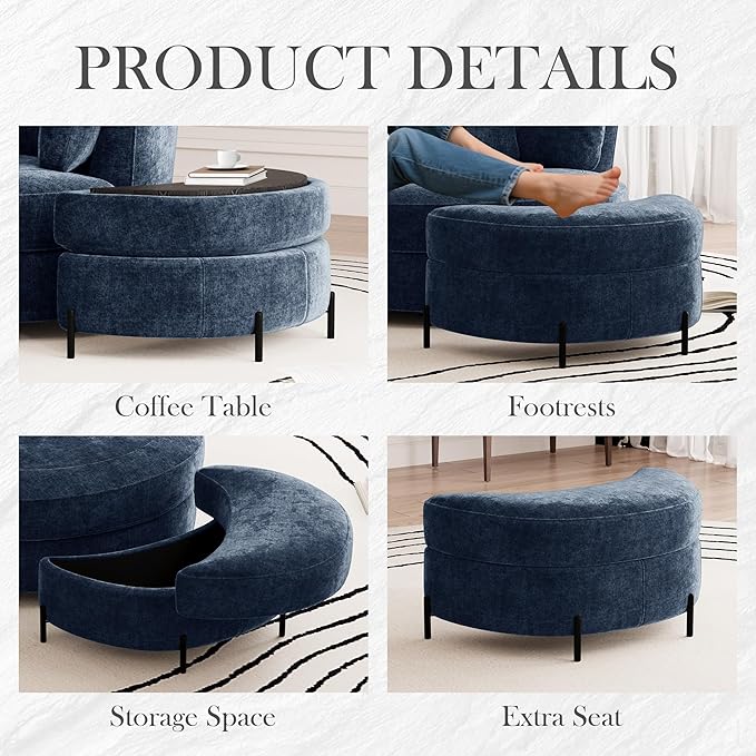 Aoiy &amp Wifon 50'' W Oversized Swivel Barrel Chair with Storage Ottoman Navy Round Swivel Accent Chair with Half Moon Ottoman for Living Room Deep Seat &amp Extra Wide Chenille