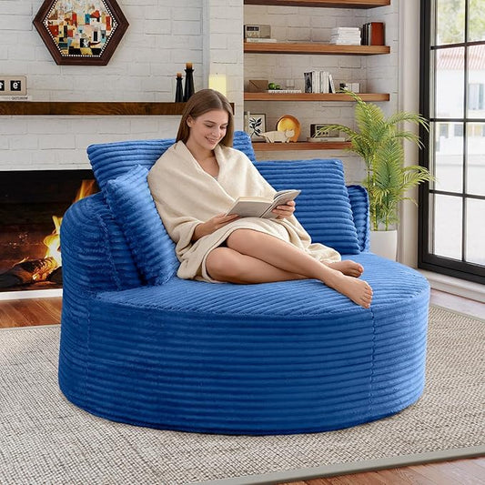 Antetek 53-inch Round Chaise Lounge Chair Indoor Modern Cloud Single Corduroy Couch with 3 Pillows Boneless Compressed Memory Foam Sofa Chair for Living Room Bedroom Apartment Blue