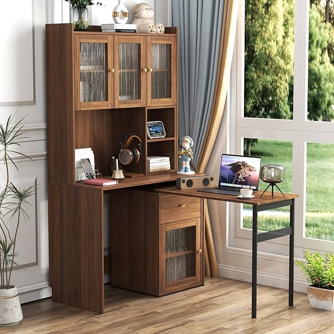 KEIKI L Shaped Home Office Desks with 90° Rotating Retractable Desktop Glass Door Hutch Drawers Bookshelf &amp Storage Shelves Modern Gaming Computer Corner Table for Work Study Writing Walnu
