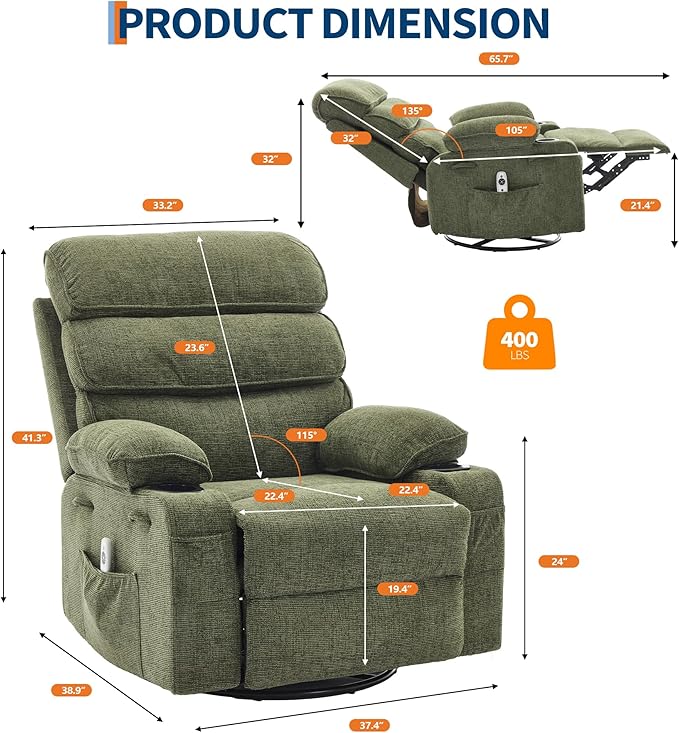Massage Rocker Recliner with Heating360° Swivel Glider Recliner Chairs for AdultsLinen Nursery Chair with Side PocketTwo Cup Holders for Living Room Bedroom