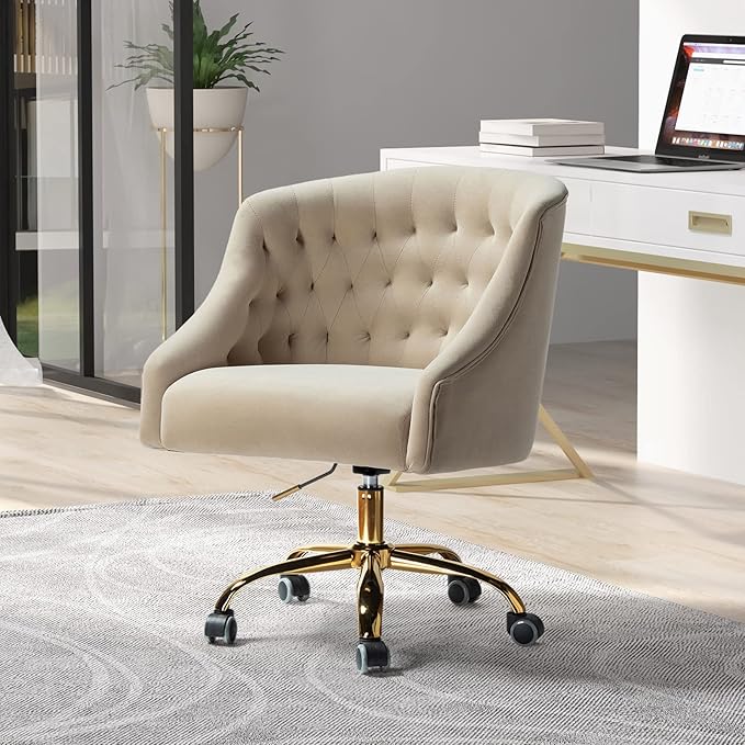 Velvet Home Office Chair with Gold Base Comfortable Modern Cute Desk Chair Adjustable Swivel Task Chair for Living Room Bedroom Vanity Study Tan