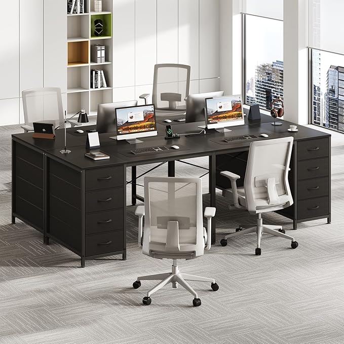 TVU 78 2 Person Desk with 8 Fabric Drawers Long Computer Desk Home Office Desk with Storage Two Person Double Desks with Power Outlets Brown and White