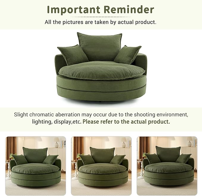 360° Swivel Accent Chair 57.5 Round Barrel Chair with Dual-Layer Cushion &amp 3 Removable Pillows for Living Room Bedroom Office Hotel Green