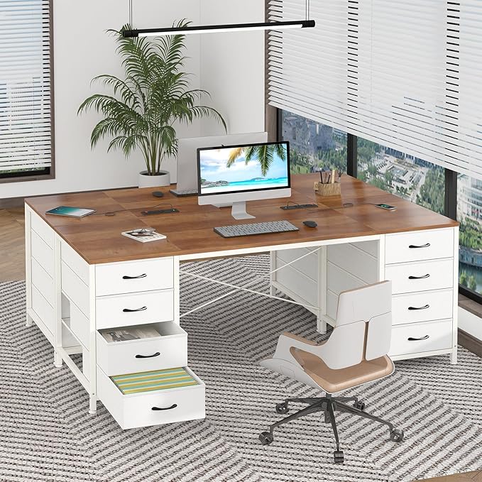 60 Inch Computer Desk with 8 Drawers Home Office Desk with Power Outlets Work Study Gaming Desk with 8 Fabric Drawers Brown and White
