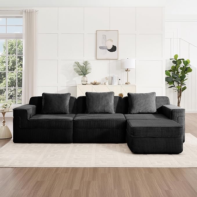 117.3 Compressed Sofa with Deep SeatsL Shaped Boneless Sectional Couch with High Density Memory Foam SofaBlack 3 Seater Sofa for Living Room ApartmentsNo Assembly