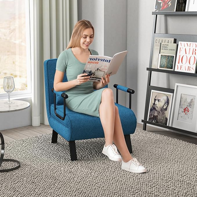 POWERSTONE Convertible Sleeper Chair Bed 4 in 1 Living Room Reading Chair with Pillow Wide Cushion Arm and Adjustable 5 Position Backrest Single Sofa Bed Blue