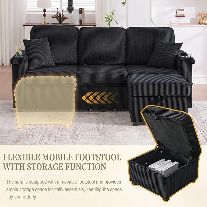 76.8 L-Shaped Sleeper Sofa with Storage Ottoman USB Ports Cup Holders&ampLED Lights Side Pockets Comfy Corduroy Modern 3-Seater Small Couch Bed for Living Room with 2 Throw Pillows (Black)
