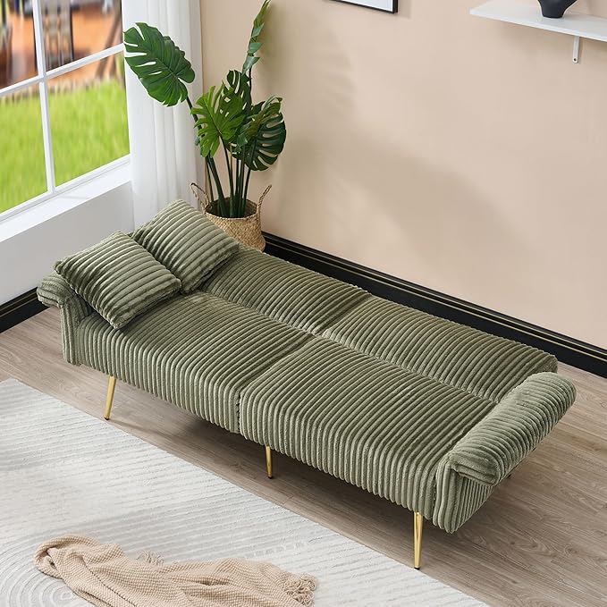 73 Convertible Futon Sofa BedComfy Teddy Fabric Sleeper Couch with 3 Reclining BackrestsGolden Chrome LegsModern Cloud Sofa Loveseat for Small Living Room Office (Green-Corduroy)