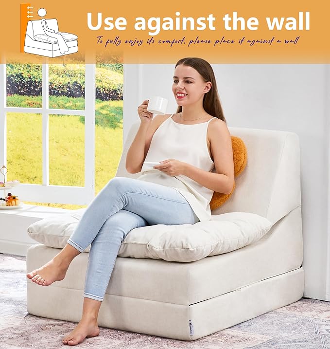 Hobestluk Sofa Couch Folding Sofa Bed Comfy Floor Lounger Convertible Sofa with Removable Cushion Couches for Small Spaces Foldable Mattress for Living Room Bedroom or Office (Chenille Beige Large)