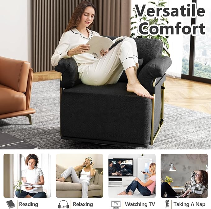 Swivel Accent Chairs 360 Swivel arm Chairs for Bedroom Club Chair with Back Gold Frame Tall Base for Office and Living Room (Black)