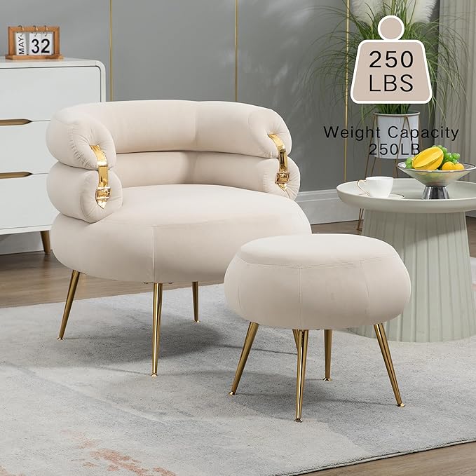 Velvet Oversized Armchair Accent Chair with Ottoman Mid-Century Modern Living Room Chairs Single Sofa Chair with Metal Legs Upholstered Tufted Reading Chairs for Bedroom Office (Beige)