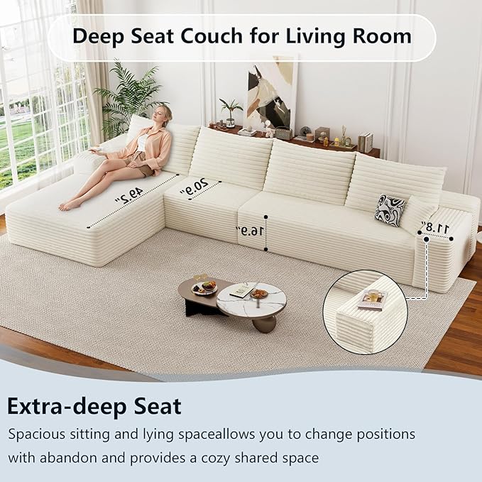 135.5 Cloud Sectional Couch with L-Shape Chaise Corduroy Boneless Couch for Living Room Modern Memory Foam Sofa with Deep SeatNo Assembly Required(WhiteLeft Facing Chaise)