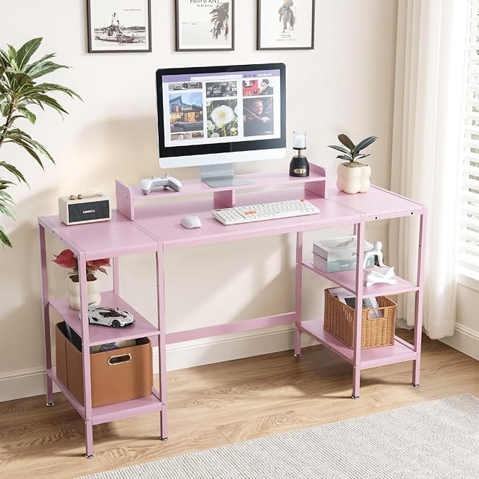 Computer Desk 55-inch with Storage Shelf - Pink Ideal Gaming Desk for Bedrooms Small Spaces and Home Offices Modern Writing Desk for PCs.