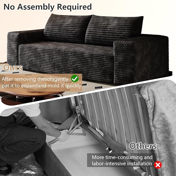 Cloud Loveseat Sofa Modern Corduroy 2-Seater Couch with Deep Seat No Assembly Required Memory Foam Sofa Boneless Sofa in a Box for Bedroom Apartment OfficeSmall Space (Black63in)