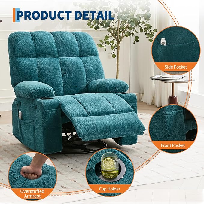IDEALHOUSE Rocking Recliner Chair with Heat 38.5 Oversized Swivel Rocker Recliner with Massage Side Pockets &amp Cup Holders Reclining Sofa for Living Room Bedroom (Blue Terry Cloth)