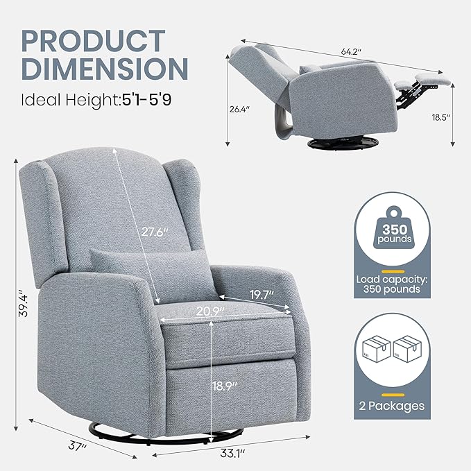 Swivel Rocker Recliner Chair with Adjustable Footrest Swivel Rocking Recliner with Deep Seat Lumbar Pillow Nursery Glider Recliner 360° Recliner Chair for Living Room&ampBedroom&ampOffice (Gray)