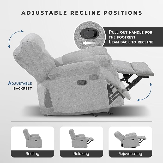 Lexicon Manual Rocker Recliner Chair for Living Room Chenille Fabric Upholstered Rocking Reclining Chair Home Theater Seating Easy Assembly Recliner Gray