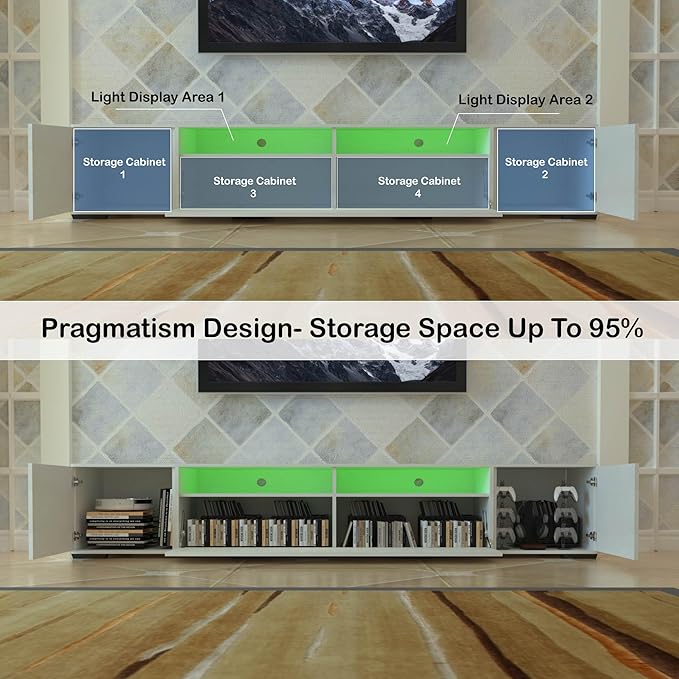 LED TV Stand for 65 75 85 Inch TV Modern Entertainment Center with Light String 31 Modes Full Color Selection Long TV Console with Large Storage for 90 Inch TV in Living Room Bedroom White