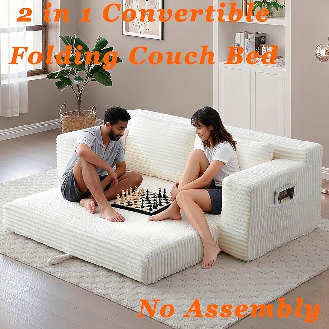 73 Cloud Loveseat Sofa Bed Beige - Boneless 2-Seater Couch No Assembly Convertible Folding 2-in-1 Design Small Space Corduroy Memory Foam Floor Lounge Couch for Bedroom Living Room (Beige)