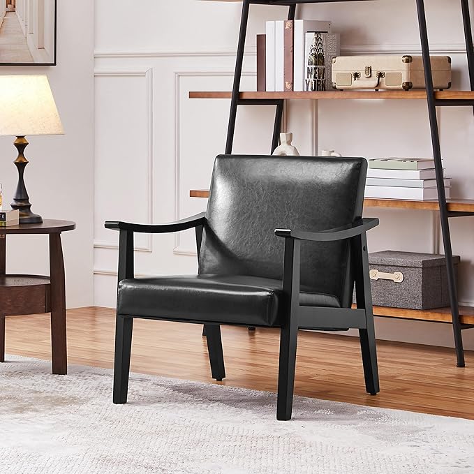 Yaheetech PU Leather Accent Chair Mid-Century Modern Armchair with Solid Wood Legs Reading Leisure Chair with High Back for Living Room Bedroom Waiting Room 2 Pieces Black