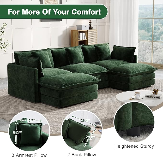 Modular Sectional Sofa 111.5 Inch U-Shaped Cloud Sofa with Deep Seat Chenille Sofa with Cushions Three-Self Sectional Sofa for Living Room ApartmentEvergreen