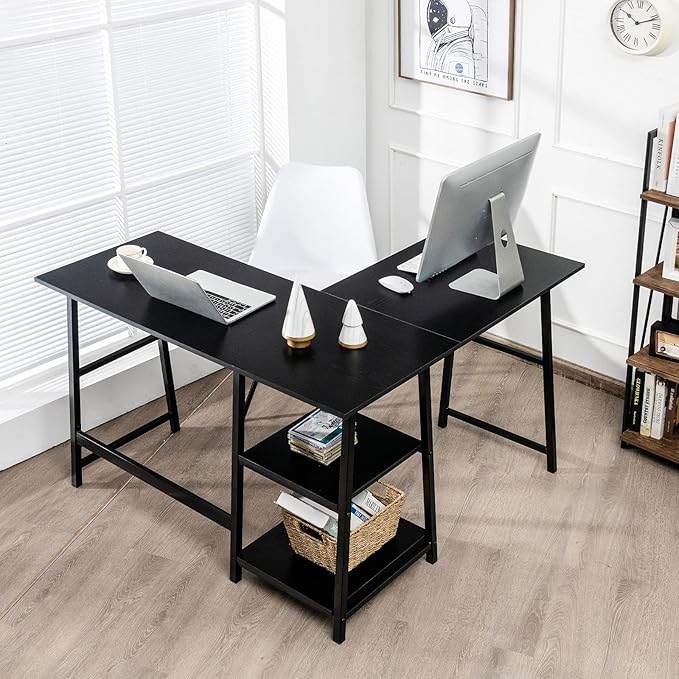 Tangkula L Shaped Desk Space Saving Corner Desk w/ 2 Tier Storage Shelves Study Writing Desk Workstation with Reinforced Metal Frame Home Office Desk (Black)