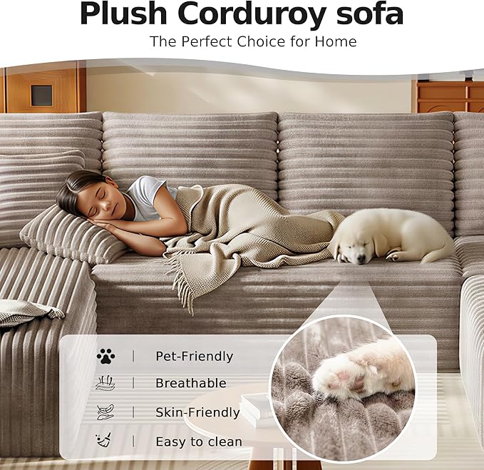 134.6 Modular Sectional Sofa with Deep Seat Boneless U Shaped Corduroy Couch Modern Comfort Cloud Couch Oversized for Living Room No Assembly (Camel)