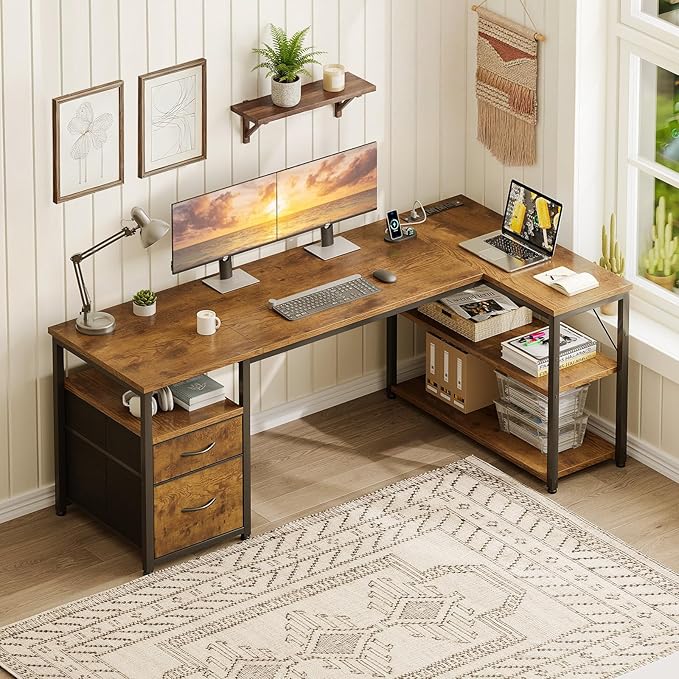AODK 55 inch L Shaped Computer Desk with Drawers Reversible Computer Desk with Storage Shelves Home Office Desk with Built-in Power Outlet Rustic Brown
