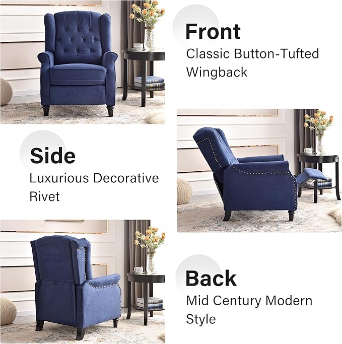 Bonzy Home Wingback Chairs Set of 2 Mid Century Modern Living Room Chairs Fabric Push Back Recliner Chair with Rivet Decoration Button-Tufted Back Solid Wood Legs Blue