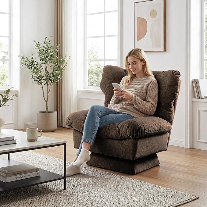Chenille 360° Swivel Accent Chair Modern Comfy Sofa Chair with Oversize Base 20.8 Extended Seat Thick Cotton Padding 300Lb Load Capacity Upholstered Chair for Living Room Bedroom OfficeBrown