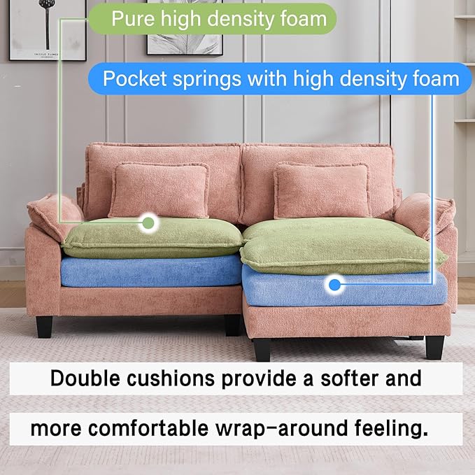 86 Modular Sectional Sofa Comfy Cloud Couch Sectional Sofa with Ottoman Chenille Sofa Sleeper Deep Seat Sofa with Throw Pillows for Living Room (Pink 86- L Shape)