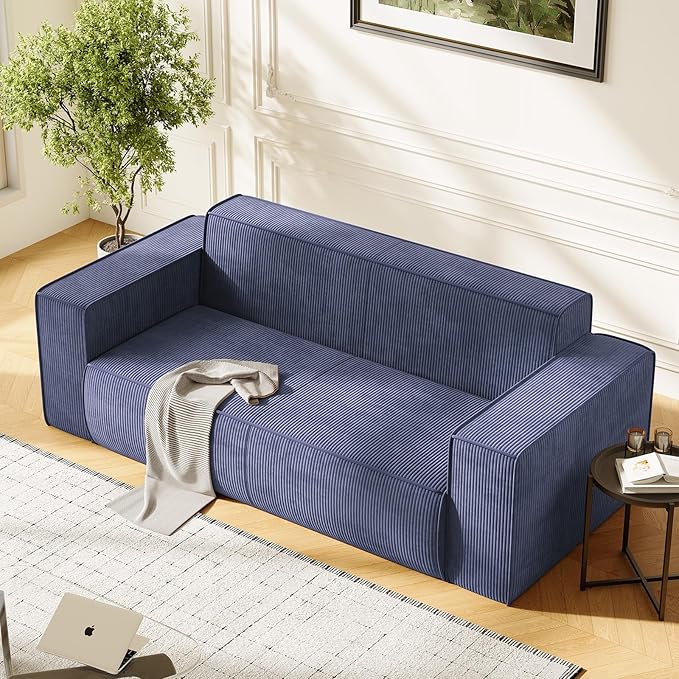 PUREMIND 3 Seater Sofa in a Box 76 Modern Corduroy Sofa Couch with Widen Armrest No Installation Comfy Deep Seat Couches for Living Room Apartment Blue