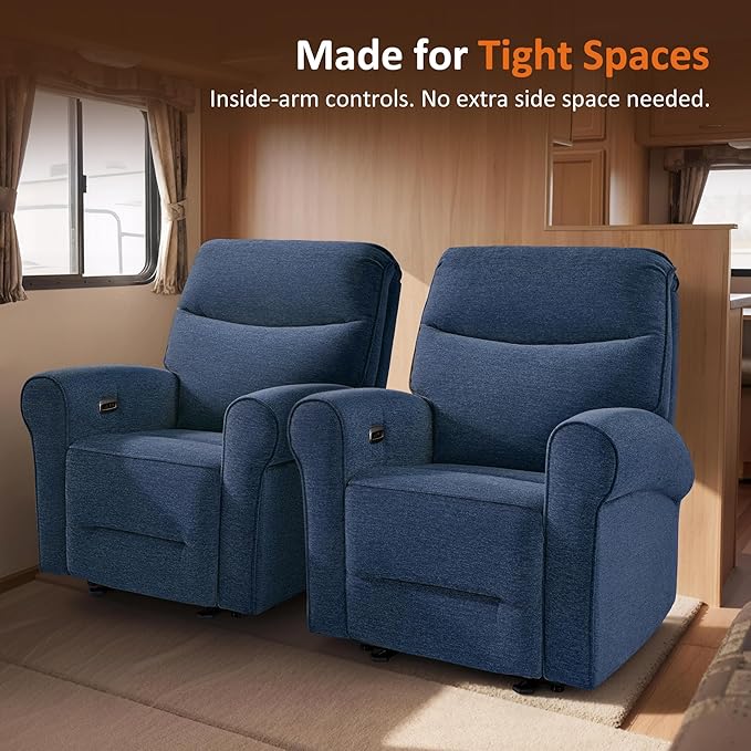 MCombo Compact Wall Hugger Power Recliner Chair for Small Spaces Dual USB-A/C Ports Rolled Arm Recliner for Living Room &amp RV Fabric PR520 (Fabric Navy Blue Small)