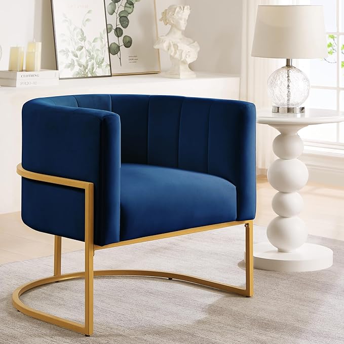 Modern Velvet Accent Chair - Metal Base Linen Upholstery 28 W Contemporary Lounge Chair for Living Room Easy Assembly Included (Navy + Velvet + Foam)