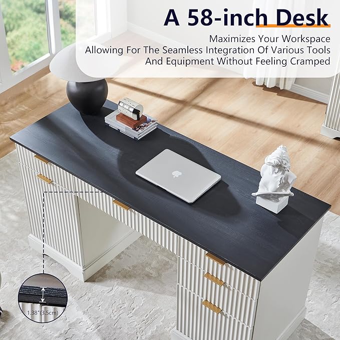 JXQTLINGMU Modern Executive Desk with Storage Wood Home Office Desk with 5 Drawers &amp 1 Cabinet Fluted Computer Writing Desk for Study Living Room Bedroom