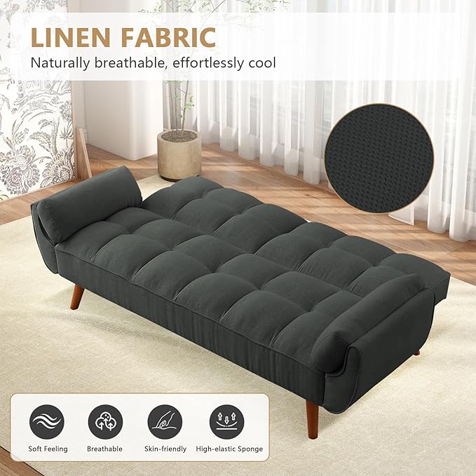 75 Convertible Futon Sofa Bed Sleeper Couch Bed with Adjustable Backrest Small Couches for Small Spaces Living Room Bedroom and Office (Dark Gray)